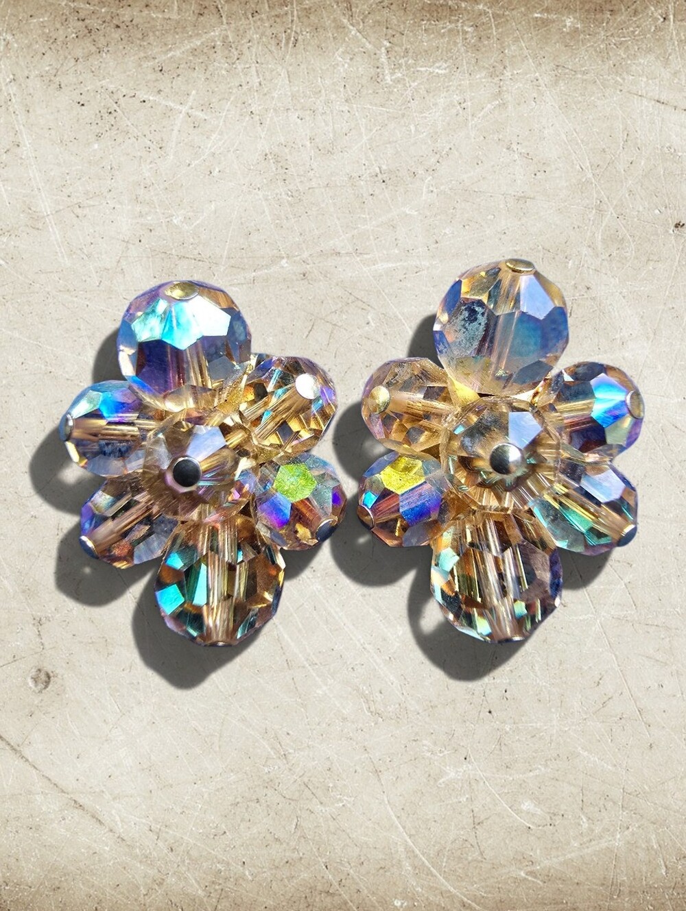 SHERMAN Signed Vintage Swarovski Beads Flower Clip-On Earrings In Yellow Amber